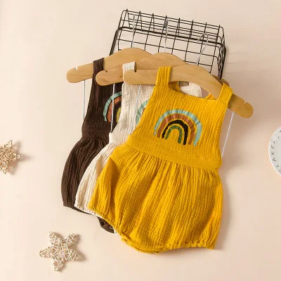 

Soft Cotton Linen Romper Newborn Baby Rainbow Printed Romper Infants Clothes Toddlers Kids Suspenders Jumpsuits