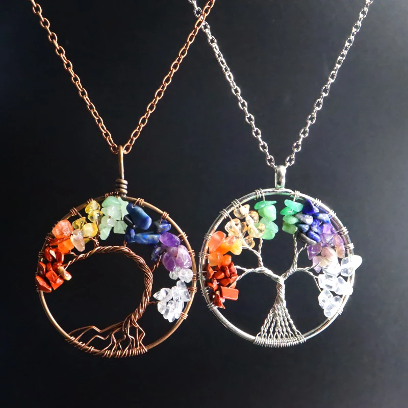 

Fashion 7 Chakra Natural Stone Beads Man Woman Handmade Copper Wire Braided Heart Tree Of Life Pendant Necklace Jewelry