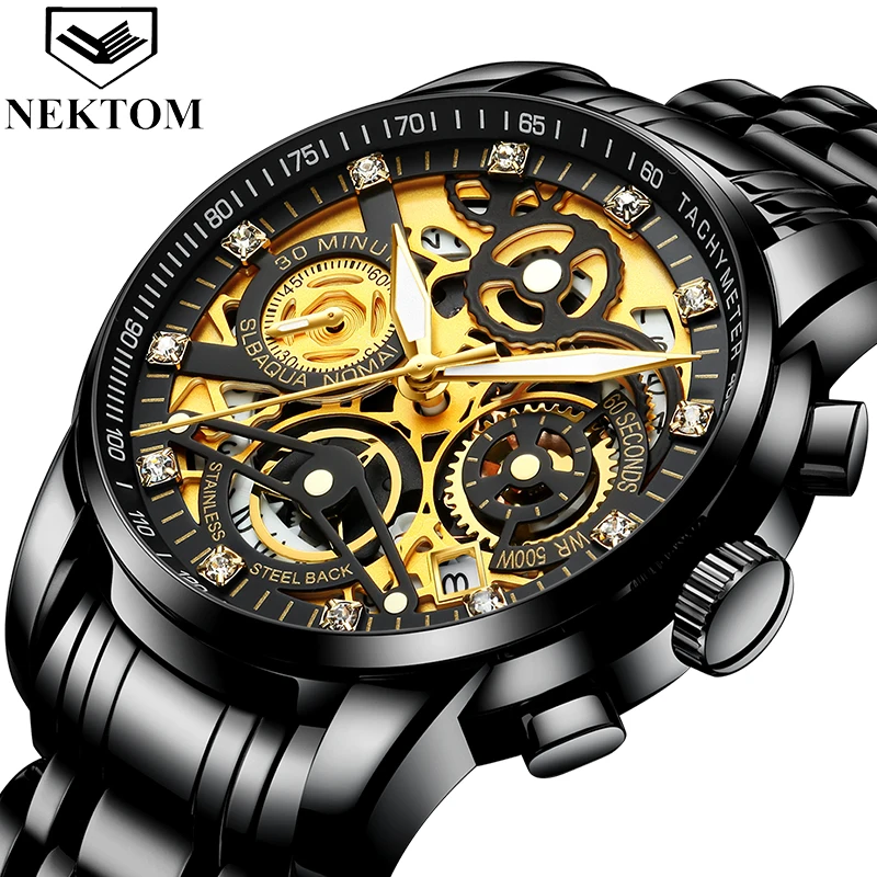 

NEKTOM 8202 king black man quartz watch clear Stainless steel band Luminous Chronograph calender outdoor reloj watch