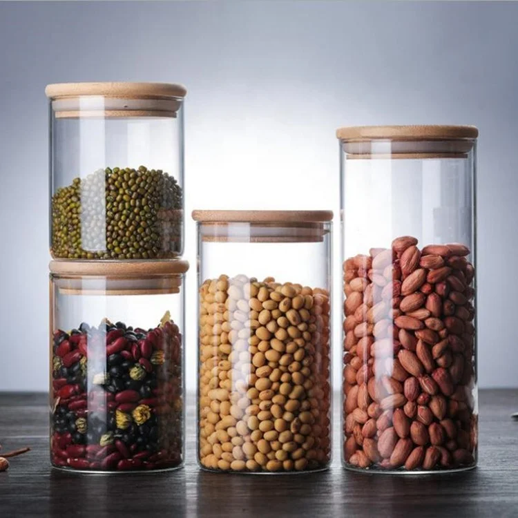 

Empty Food Storage Glass Jars Glass with Bamboo Lid and Silicone Ring, Clear