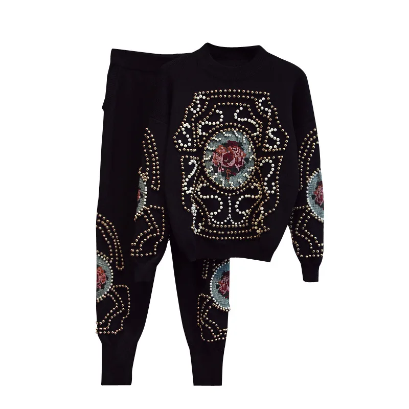 

A4399 2020 Autumn Black Gray Pattern Beaded Trendy Ladies Sweatshirt Pants Suit