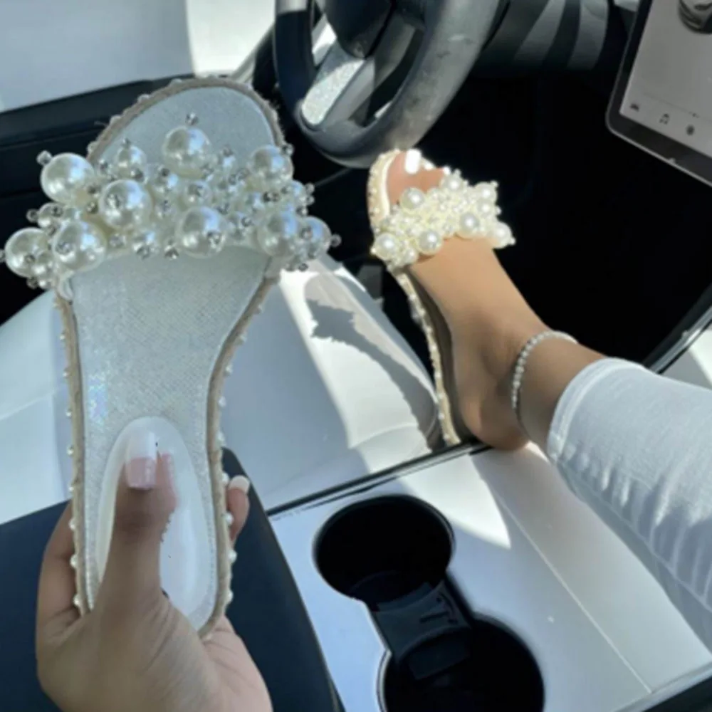 

2021 New Arrival Casual Beach Women Summer Slippers Transparent Pearl Bling Candy Color Breathable One Font Female Flat Slippers