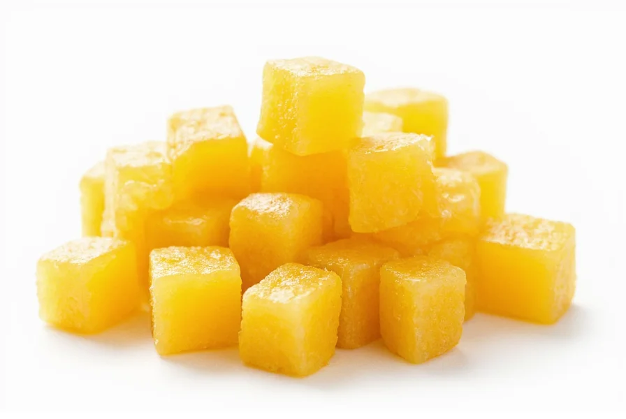 Close-up of golden ginger cubes on white background showing texture and size