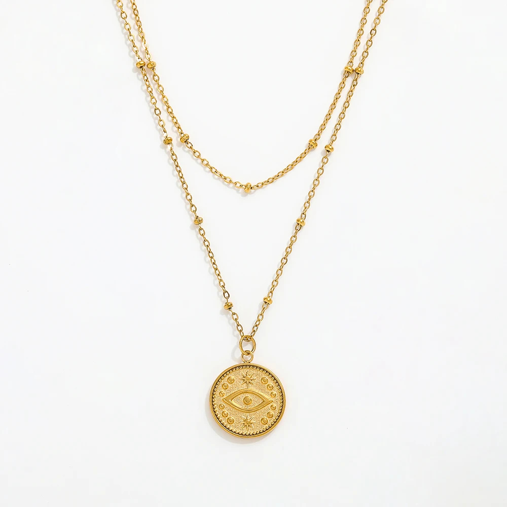 Joolim Jewelry 18K Gold Plated 2 Rows Eye Pendant Necklace Multi Layer Necklace Trendy Jewelry