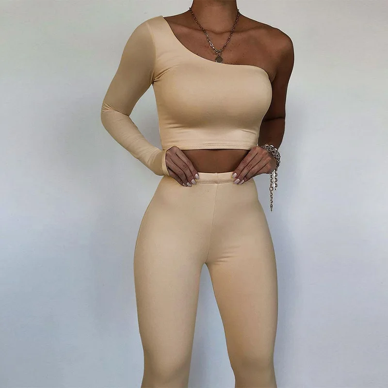 

One Shoulder Asymmetrical Sporty Matching Suits Women Casual Streetwear Fitness Solid Crop Tops elastic Two Piece Pants Sets