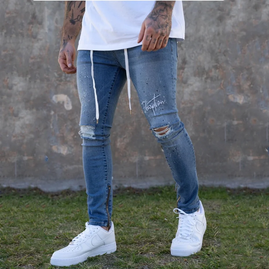 

2021 New Fashions Casual Men's Jeans Ripped Jeans Pants and Draw String Blue Slim Denim Pants, Can provide different swatchbooks to choose colors
