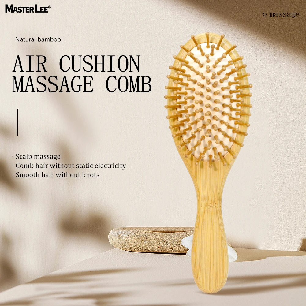 Custom Logo Bamboo Hair Brush Detangle Hair Comb Massager Cushion Brush Corbonized Bamboo Teeth for Women Men Kid Type Styling