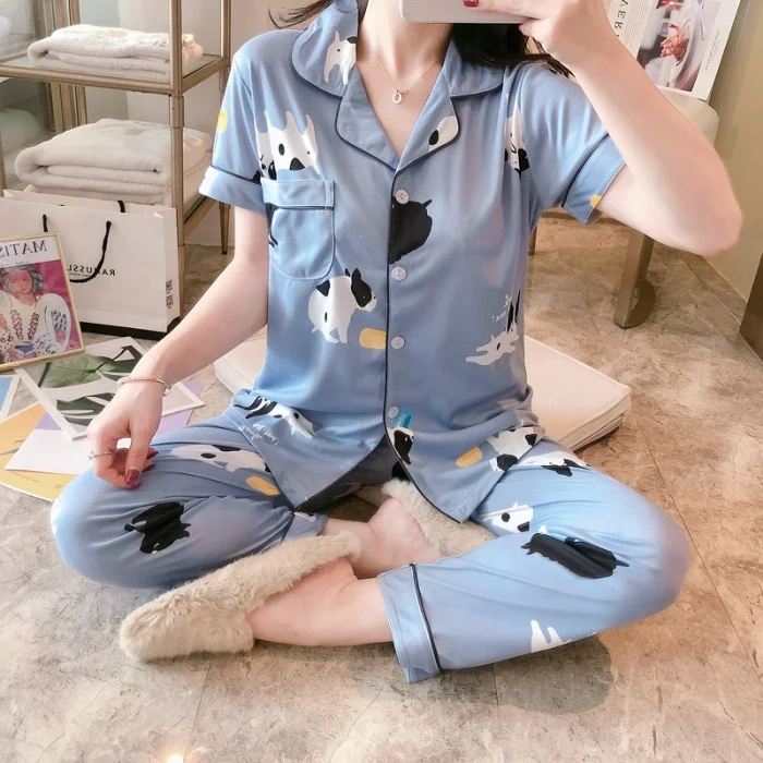 

Women Pajamas Short Sleeve Baju Tidur Two Piece Sleepwear Cute Cartoon Pajama Sets, 15 colors