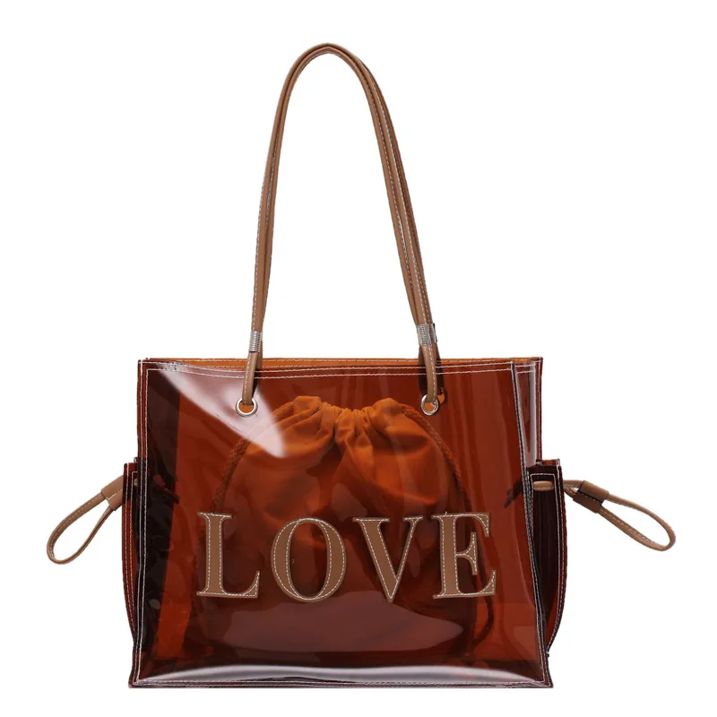 

Shoulder Shopping Bag Beach Tote Bag Women Transparent Pvc Handbag Fashion Clear Plastic Inner Pouch Purse 2pcs Set, A/b/c