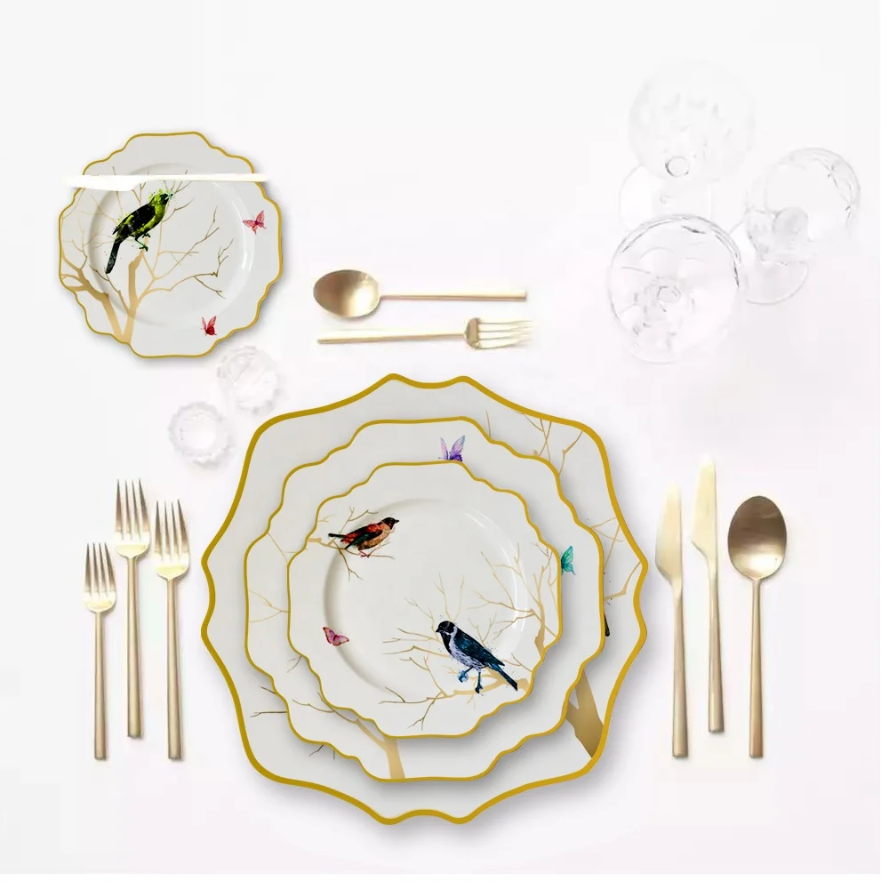 

Wholesale Price Dinnerware Sets Porcelain Custom Dinner Plate Ceramic Tableware, Pink+24k real gold rim