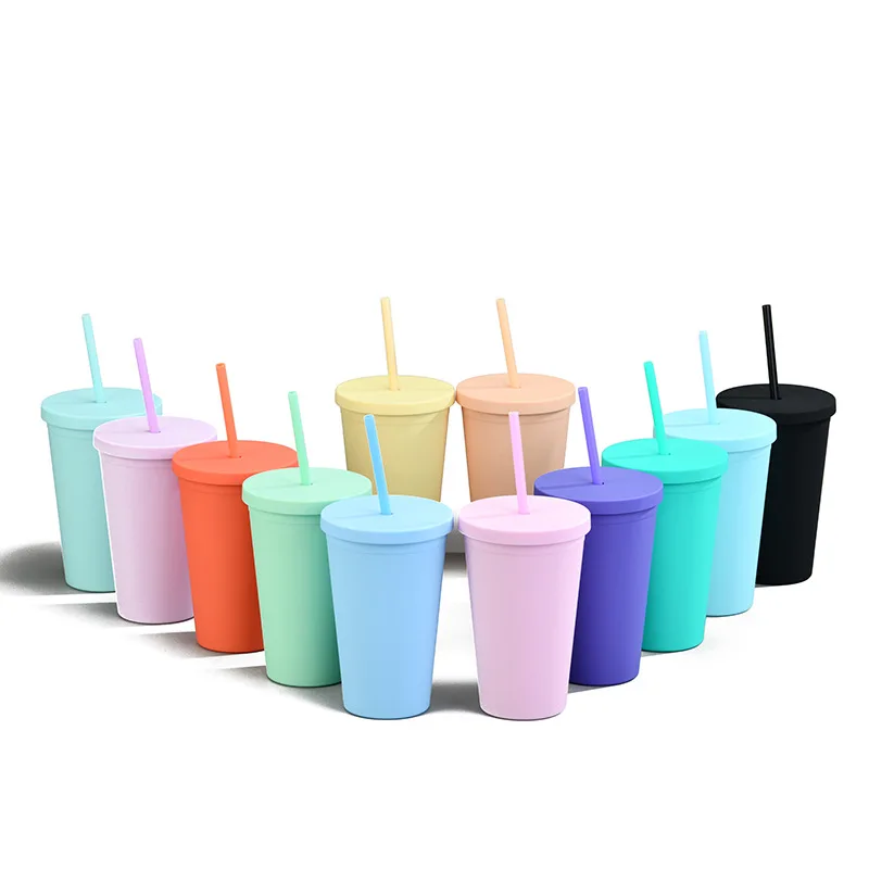 

Ready to ship 16oz double wall matte acrylic plastic coffee juice water tumbler cups with straw and lid in bulk, Any pantone no.