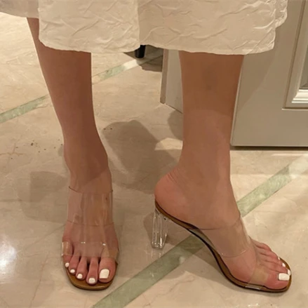 

Women Sandals And Slippers For Summeer 2021 Cool Summer Crystal Film Hollow Thick Heel Women Low Heels Sandals And Slippers