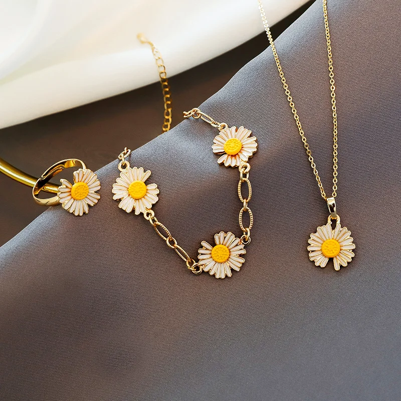 

Fashion Cute Daisy Flower Silver Jewelry Set Pendant Earrings Ring Bracelet Necklace Set Women Jewelry Sets, As shown