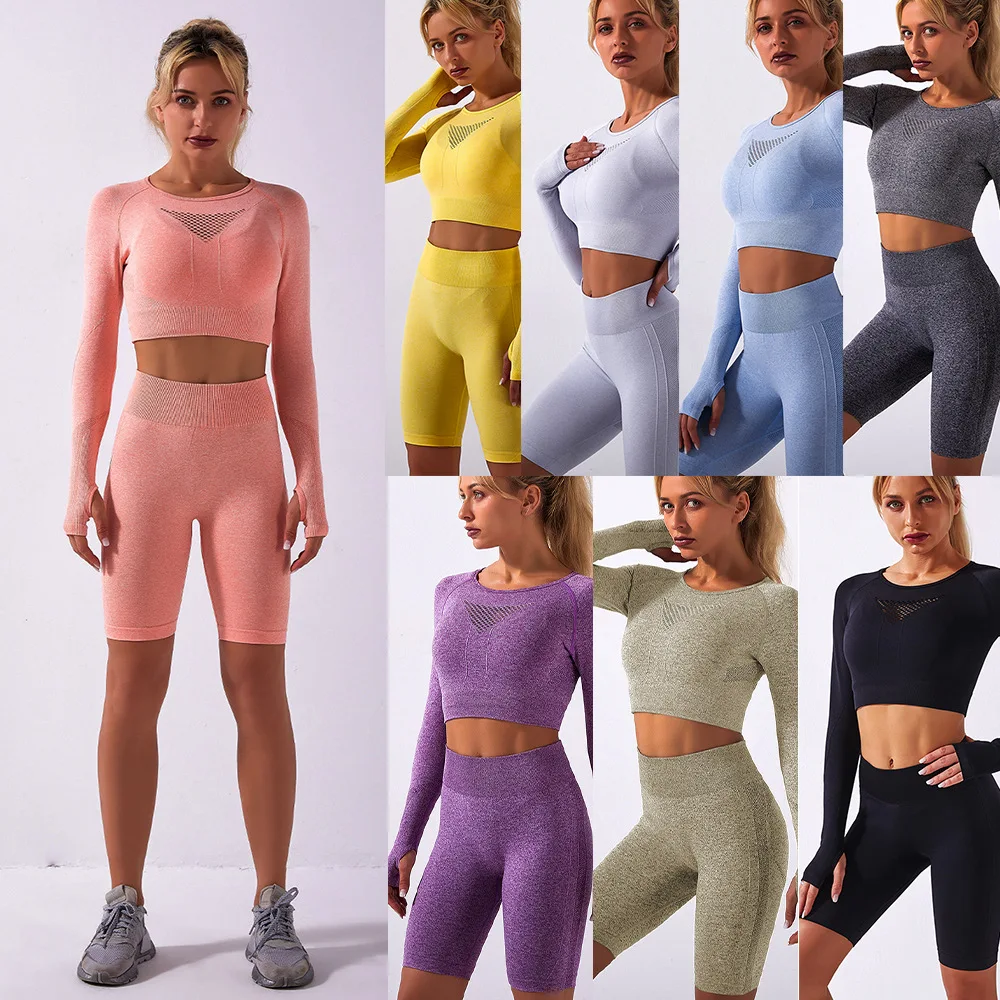 

2021 Seamless Set Women Long Sleeve Set High Waist Yoga Leggings Workout Clothes Women Gym Clothing Sexy Shorts Crop Top 2Pcs