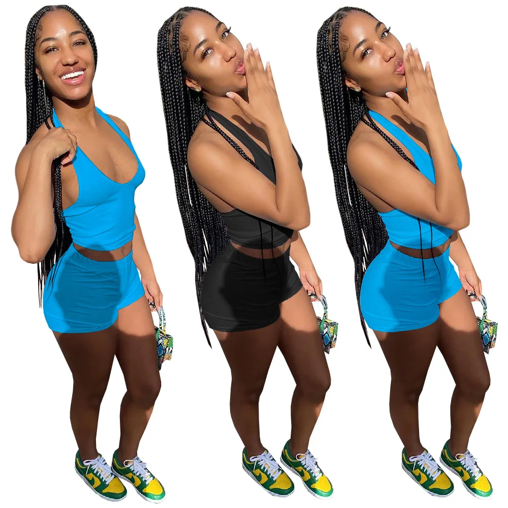 

Women Fashion Solid Color Halter Backless Crop Top Bodycon Shorts Summer Two Piece Sets