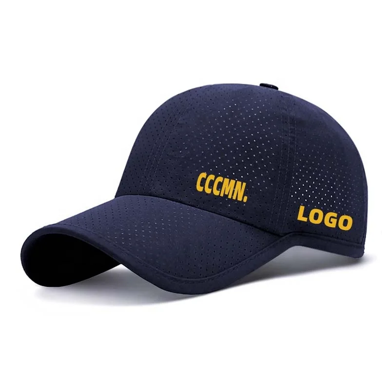 Custom Men's 6 Panel Navy Blue Terry Baseball Hat Embroidered Logo Perforated Laser Cutting Hole Waterproof Sport Cap