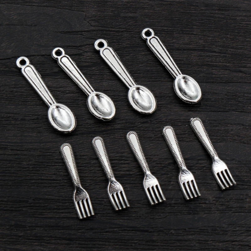 

50pcs Spoon Fork Dining Charms Small Antique Silver Plated Tableware Pendants Charms DIY Jewelry Making Accessories Findings
