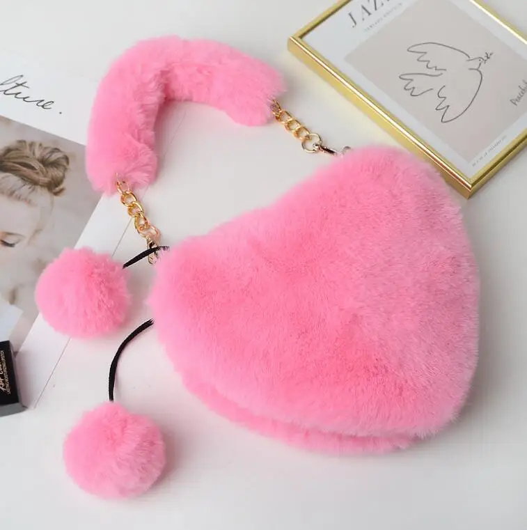 

Faux Fur Winter Women Handbags Heart Shaped Clutch Shoulder Bag Messenger Bag Plush Bag, 12 colors