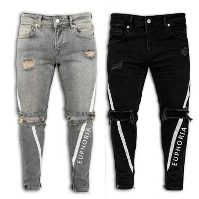 

Jhcentury Fashion men's letter pattern jeans casual hole hip hop style pencil pants new younger trousers, Customized color