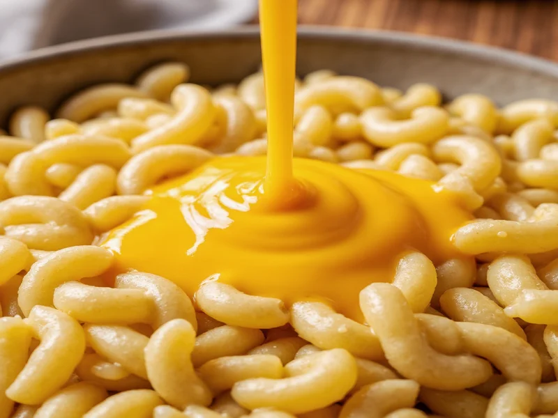 Smooth cheese sauce being poured over cooked macaroni