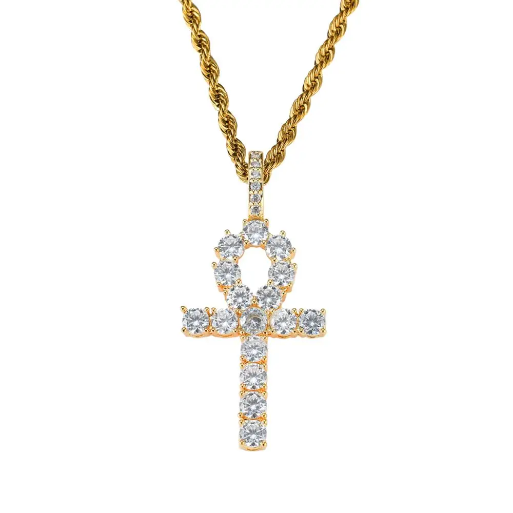 

Fashion Iced Out Full Diamond Chain Statement Necklace Women Men Ankh Cross Pendant Gold Color Hip Hop Jewelry