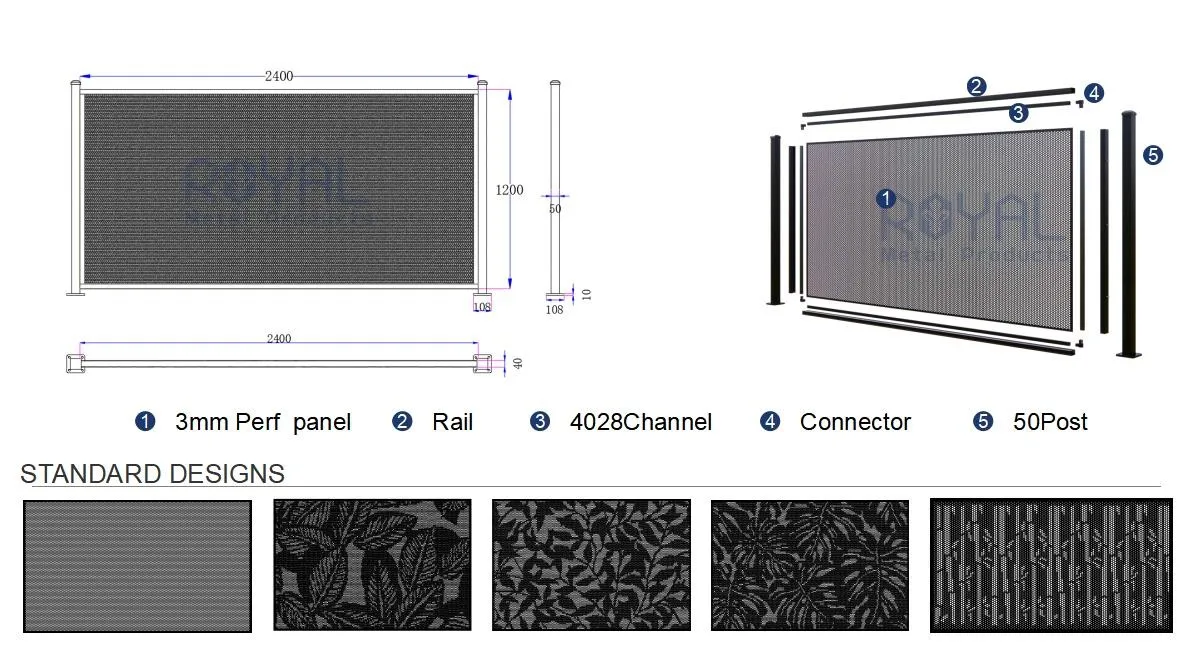 Perf Fence technical drawing — exploded view, 4028Channel system, 50x40mm post, 5 standard perforation patterns