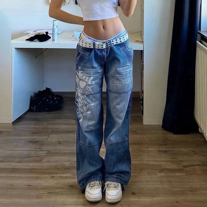 

2022 fall hot style women's casual loose trousers low-waist folds love printed washed denim jeans pants, As pic