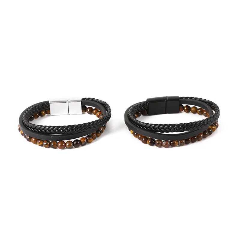 

Fashion Stainless Steel Bracelet Titanium Steel Tiger Eye Hand-woven Volcanic Stone Agate Bead Men Bracelet