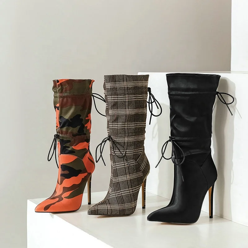 

Hot Selling New Style Women Dress Shoes Boots Camouflage Plaid Black Patchwork Winter Ladies High Heel Shoes Big Size Cheap Boot
