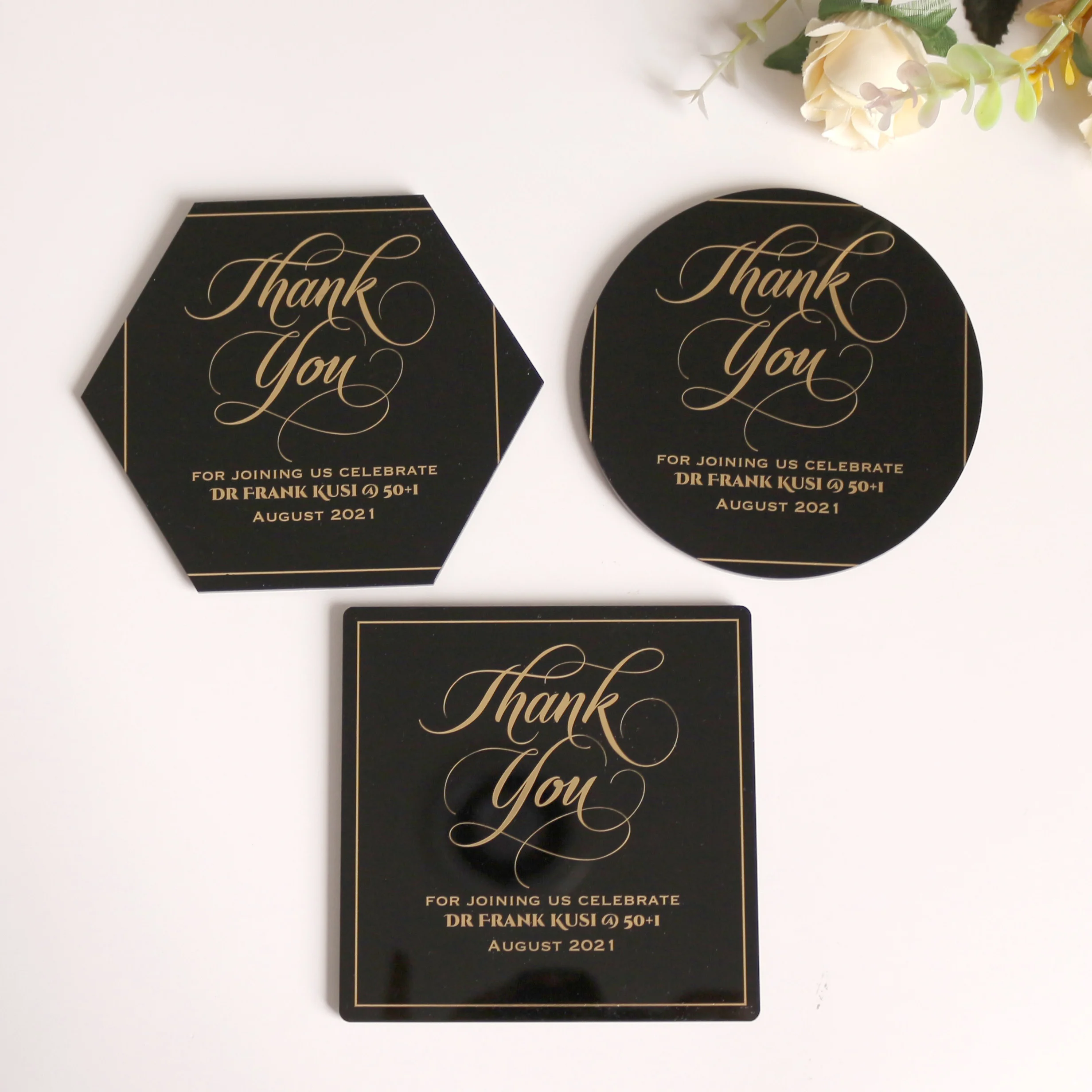 

Customized Acrylic Foil Stamping Color Printing Round Prismatic Square Custom Shape Wedding Invitation Coaster Wedding Gift