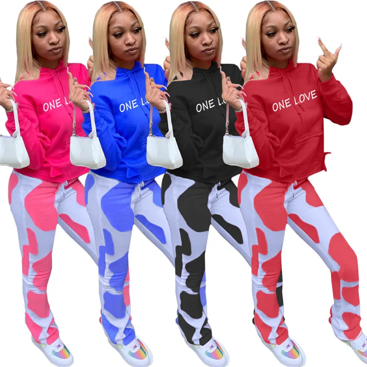 

2021 Lady Print Hooded Tops And Pants Jogging Sweatsuit Clothing Spring Outwork Women Two Piece Set, Picture color