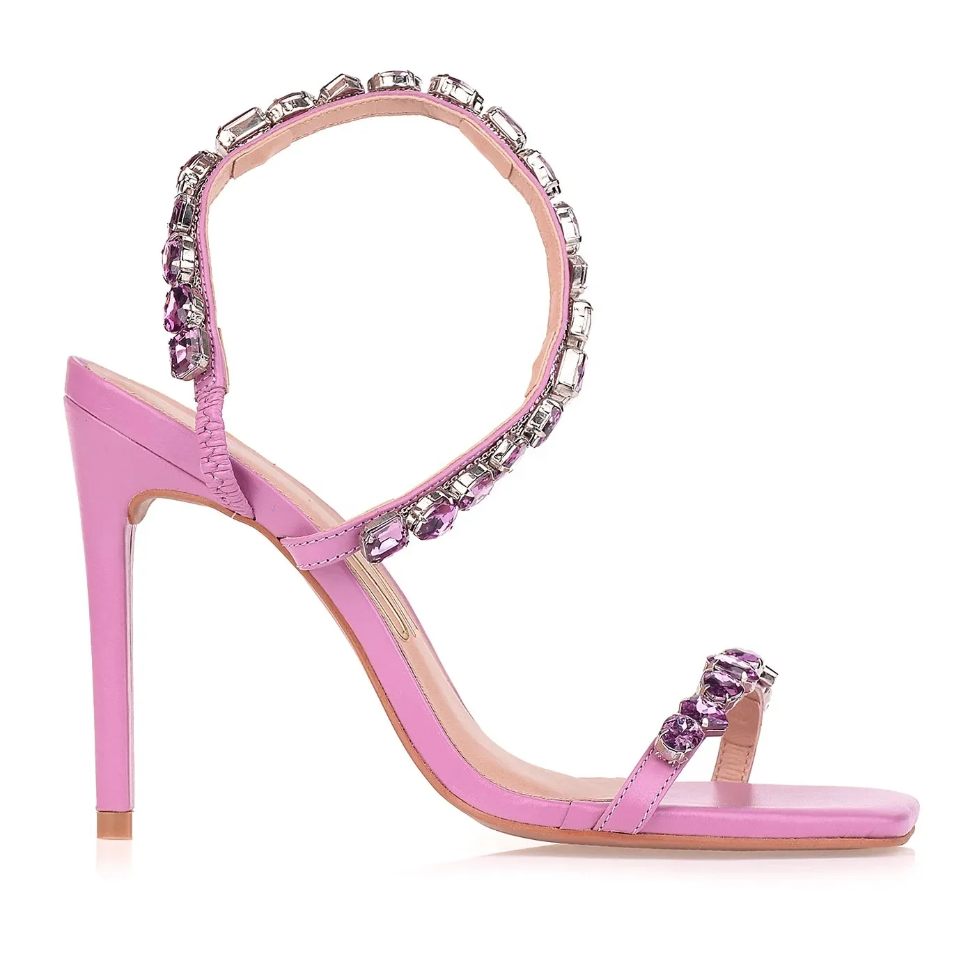 

NSH009 Women Diamante Square Toe Stiletto Heel Rhinestone Chain High Heels Sandal Shoes For Ladies, Black/blue/pink/light blue/leopard