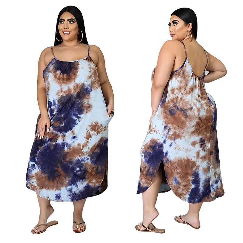 

B53109A New product women fashion printed plus size tie-dye slip dress, Shown