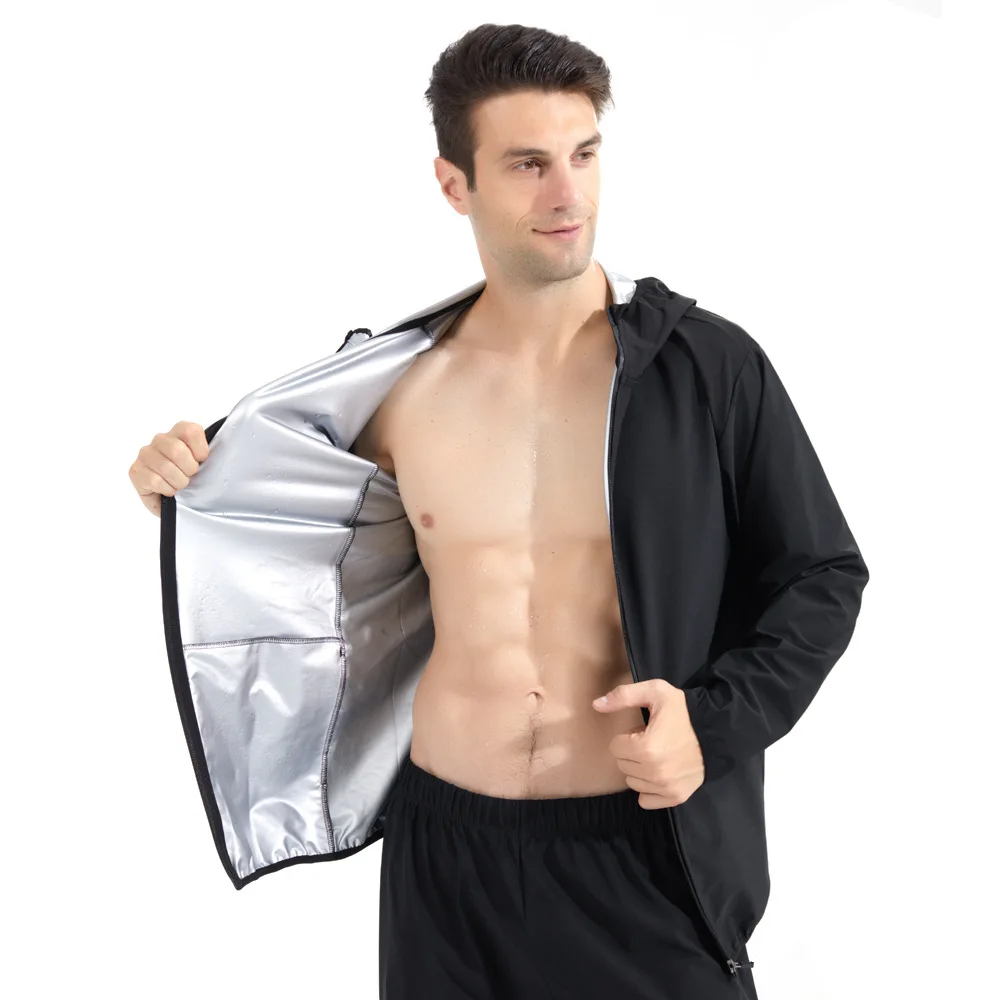 

Blank Men hot sauna sweat suit running fitness male fever training fat burning slimming 2 pcs set gym boxing black Jacket wear