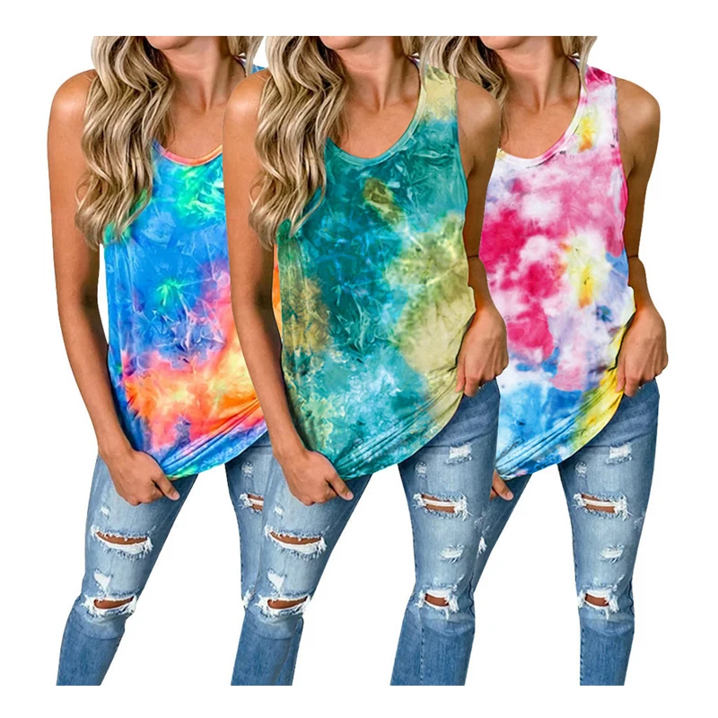 

Cl-337 plus size sexy wholesale women t-shirts prices sleeveless sport clothing tie dye cotton custom printed womens t-shirt, Picture showed