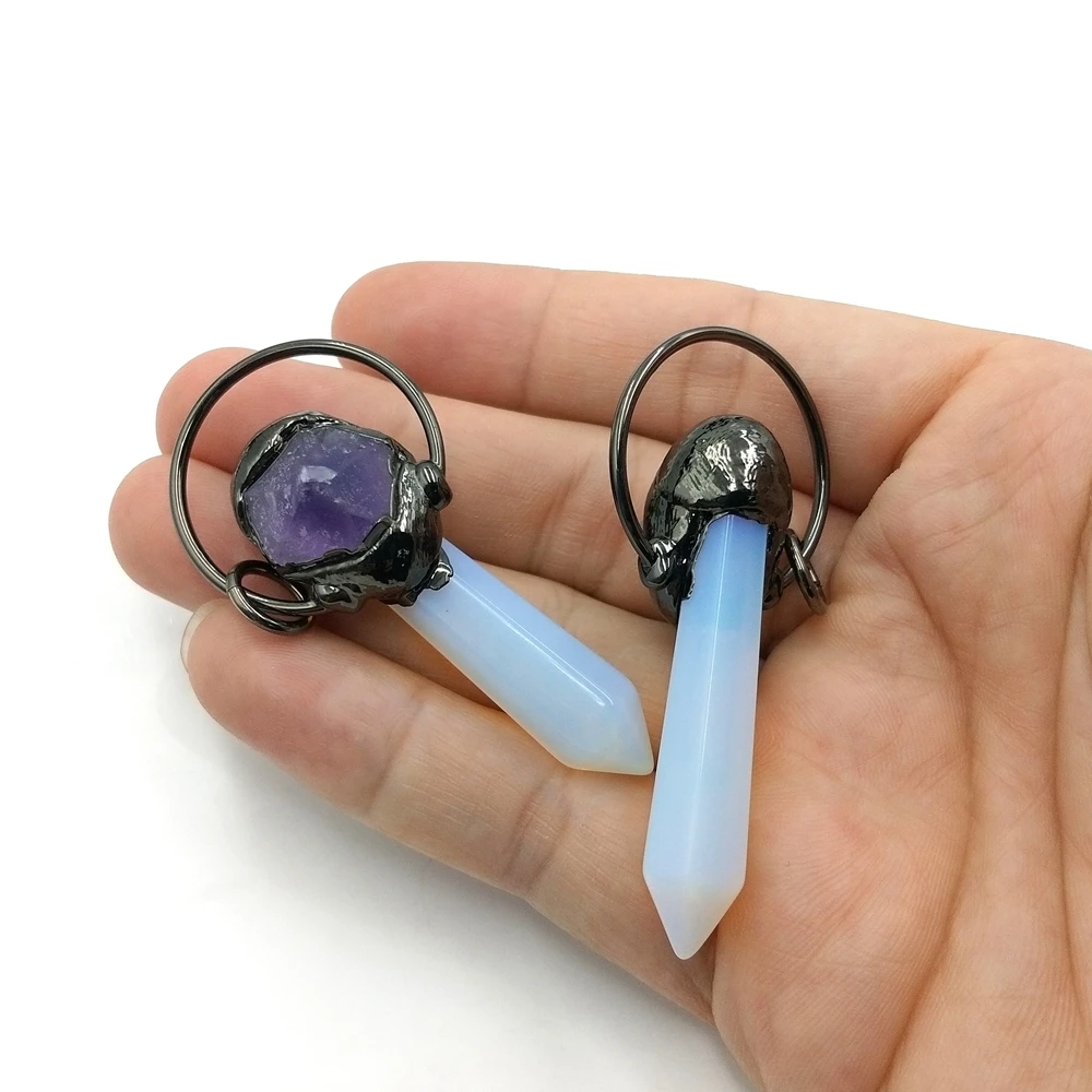 

Gunmetal Color Handmade Opal Point Crystal Gemstone Amethyst Pendants Big Ring Raw Opalite Opaline Healing Gemstone Boho Jewelry, Multi