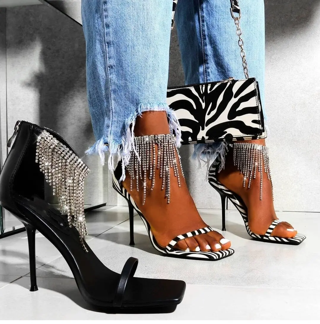 

2021 new hot wholesales fashion sexy high-heeled zip summer ankle strap ladies Tassel rhinestones zebra women sandals, Transparent, black