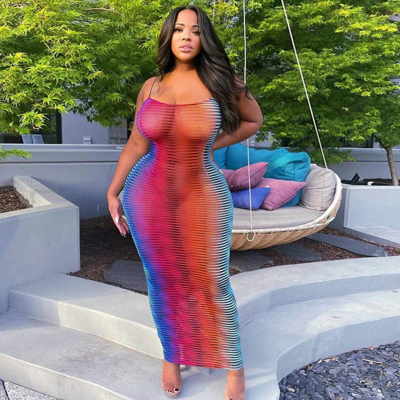 

Gradient Maxi Dress Spaghetti Strap Sleeveless 2021Sexy Colorful Striped Bodycon Dress Mesh Print See Through Braces dress, Many colors