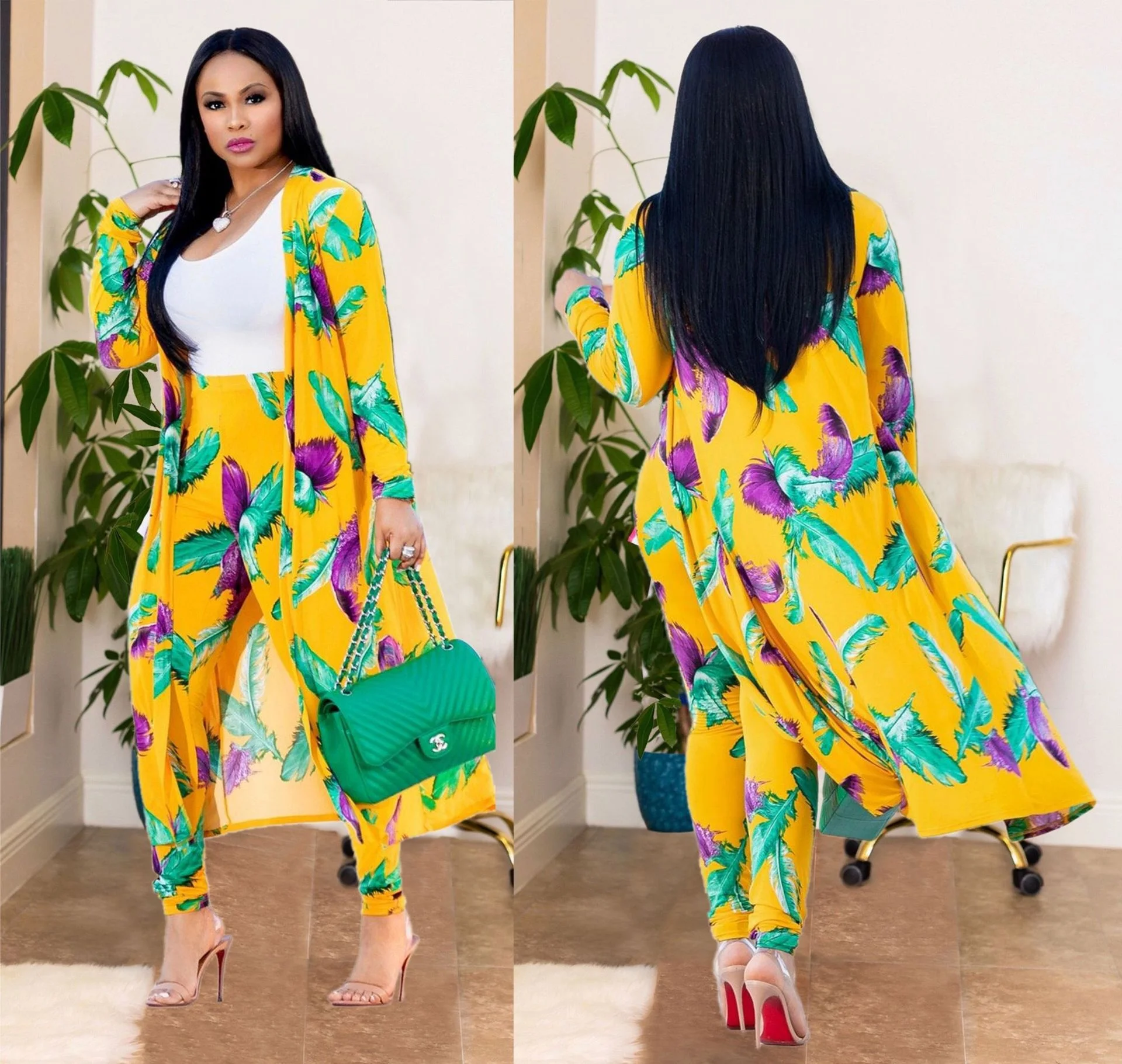 

Dresses Women fall clothing Lady elegant Printed long coat leggings two piece set boutique clothing, 9 colors for clothing