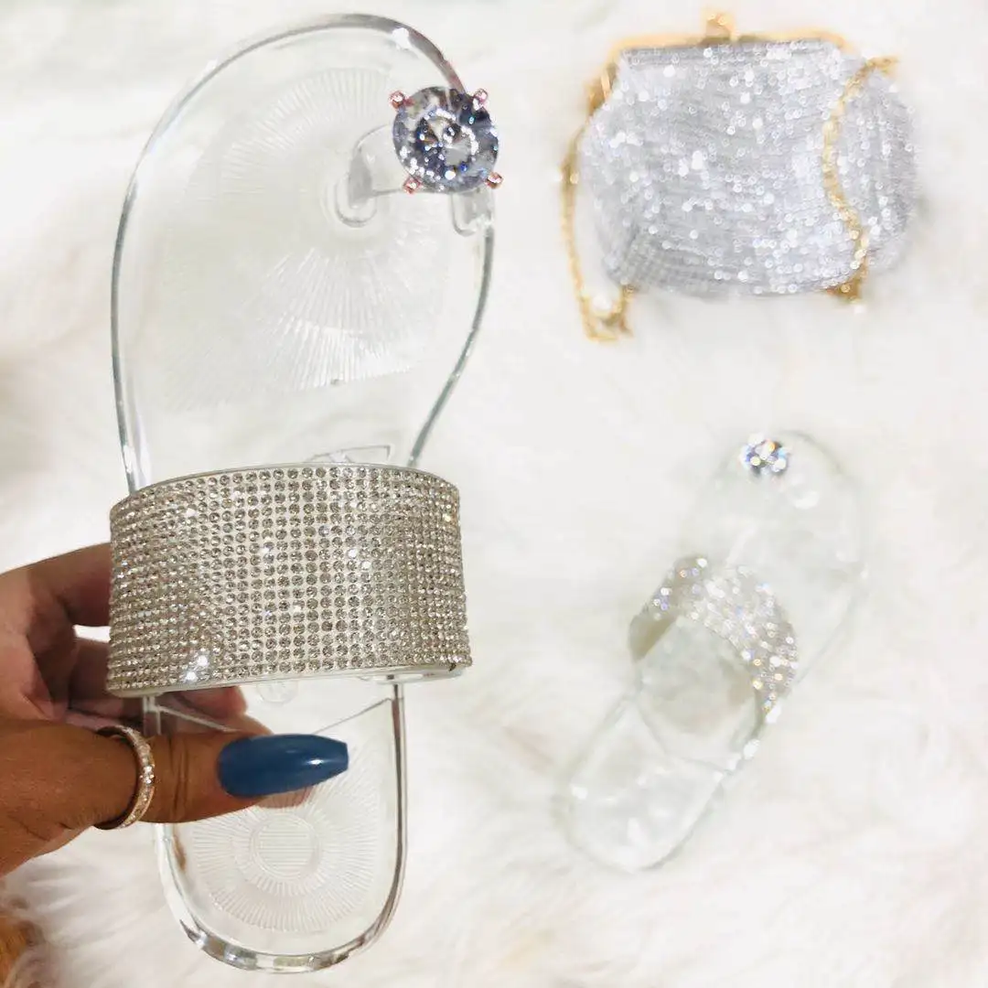 

2021 new summer women sandals beach fashion slide rhinestone jelly slippers flat casual crystal sandals for women, Transparent, black