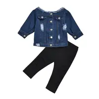 

Baby Girl Clothes Off Shoulder Demin Top + Ripped Pants 2pcs Set Children Kids Spring Summer Clothing 2 3 4 5 6Years Outfit