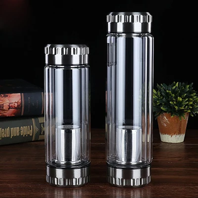 

Mikenda Double layer tea infuser cup high borosilicate glass double mouth double lid water bottle
