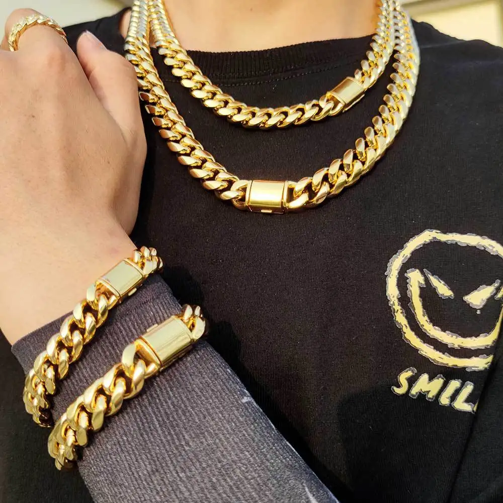 

2022 New Arrivals Hot Seller HipHop Stainless Steel 10mm Cuban Chains Necklace Miami 18K Gold Vacuum Plating Necklace Chain