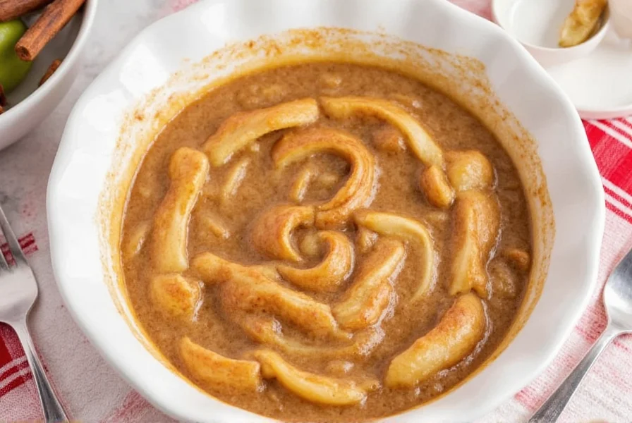 Step-by-step preparation of cinnamon roll apple pie filling showing layered apple slices with cinnamon sugar mixture in glass pie dish
