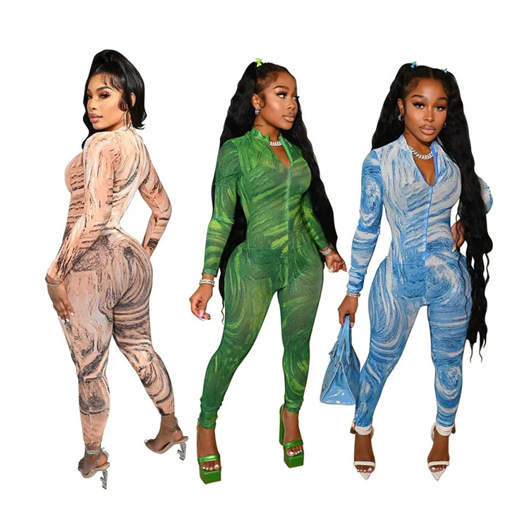 

DUODUOCOLOR Woman clothes 2021 fall water pattern printing long sleeve bodysuit custom jumpsuit D11165, Green, khaki, blue