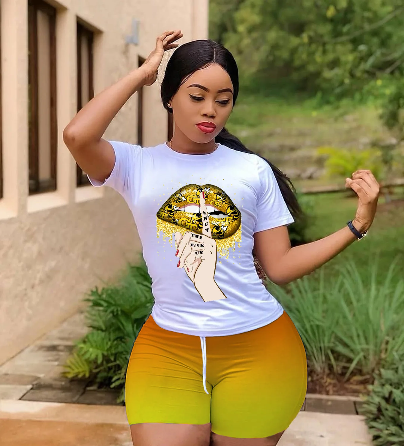 

Two Piece Set Women Summer Tracksuit Lounge Wear Outfits 2020 Summer Fashion Short Sleeve Lips Print Top 2pc Biker Shorts Sets, Yellow, purple, blue