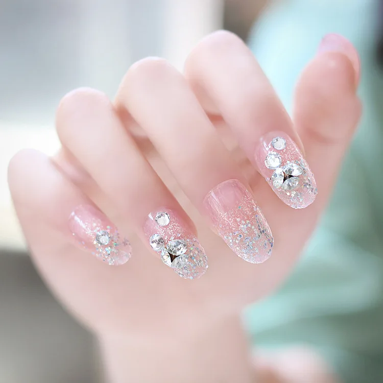 

Free Shipping 24Pcs Shiny Diamond Artificial Nail Tips Full Cover Finger Tips Manicure Tool Short Ballerina Press on Nails
