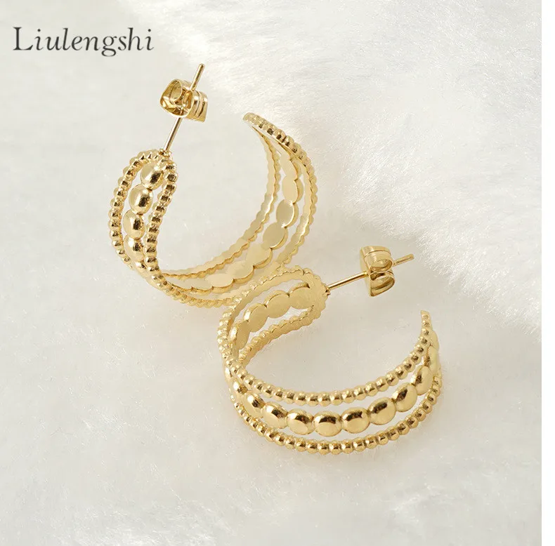 

Fashion Jewelry Stainless Steel 18K Gold Plated Multi-layer Beads Earrings DouHollow Chunky Hanging Hoop Earrings