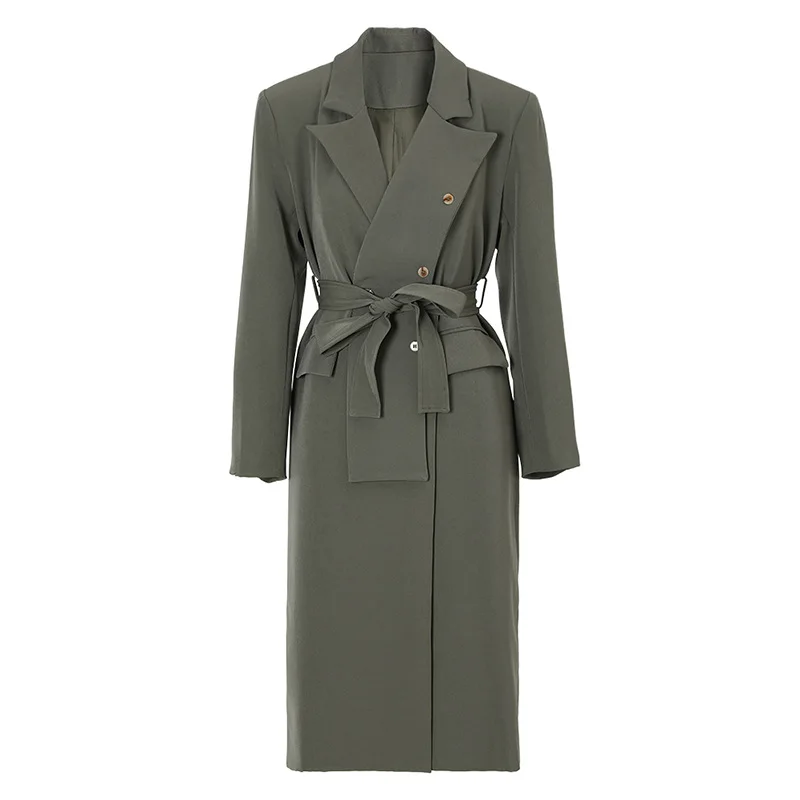 

Wholesale 2023 Spring Irregular Strap Design Korean Version Lapel Pocket Long Women's Trench Coats