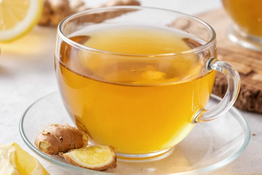 Fresh ginger root slices in boiling water with steam rising, close-up photography showing texture of ginger
